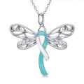 wholesale 925 Sterling Silver Dragonfly Awareness Ribbon Pendant Necklace Teal Enamel Gift For Women-0-0