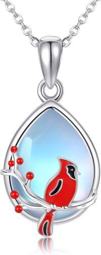 wholesale 925 Sterling Silver Teardrop Moonstone Red Cardinal Bird Pendant Necklace Gifts for Women-cardinal