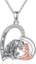 wholesale 925 Sterling Silver Heart Pendant Necklace with Girl and Tiger Design - I Love You Message Engraved on Chain Perfect Memorial  for Women & Girls-0-0