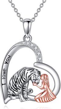 wholesale 925 Sterling Silver Heart Pendant Necklace with Girl and Tiger Design - I Love You Message Engraved on Chain Perfect Memorial  for Women & Girls-Tiger Necklace