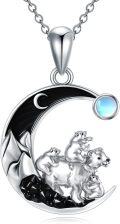 wholesale 925 Sterling Silver Moon Bear Family Necklace with Black Onyx and Blue Topaz Gemstone Pendant for Women Girls Gifts 48cm Chain Length-0-12