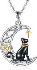 wholesale 925 Sterling Silver Crescent Moon & Cat with Ankh and Eye Pendant Necklace - Gifts for Her-0-0