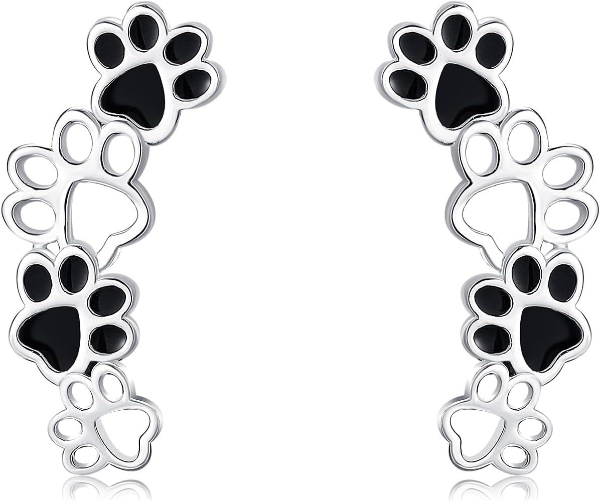 925 Sterling Silver Black Enamel Dog Paw Print Climber Stud Earrings for Women-0-0