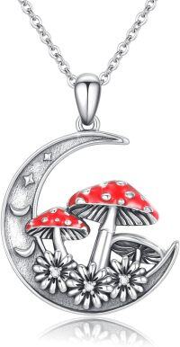 wholesale 925 Sterling Silver Mushroom Pendant with Red Cap and Flowers on Crescent Moon Chain for Women Girls  48cm Length-K01-Moon Mushroom