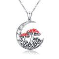 wholesale 925 Sterling Silver Mushroom Pendant with Red Cap and Flowers on Crescent Moon Chain for Women Girls  48cm Length-0-0