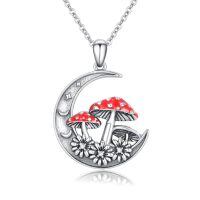 wholesale 925 Sterling Silver Mushroom Pendant with Red Cap and Flowers on Crescent Moon Chain for Women Girls  48cm Length-K01-Moon Mushroom