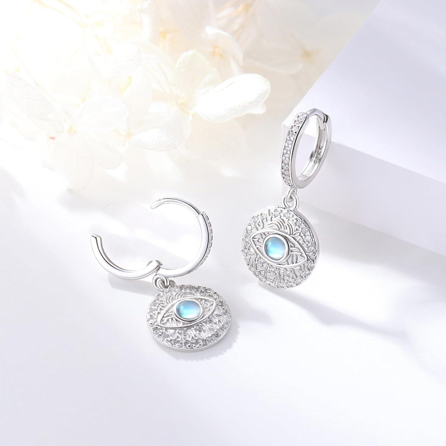 925 Sterling Silver Moonstone Evil Eye Huggie Hoop Earrings for Women - Hypoallergenic  Idea-0-1