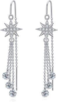 wholesale 925 Sterling Silver Star & Crystal Chain Tassel Drop Earrings for Women-Star