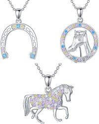 wholesale 925 Sterling Silver Pendant Necklaces - Horseshoe Unicorn Head & Running Horse Charms with Colorful Crystals and 18+2 Chains (Set of 3)-Horse