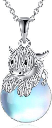 wholesale Sterling Silver Moonstone Axolotl Owl Dog Elephant Turtle Pendant Necklace-C-Highland Cow