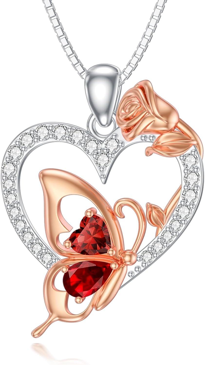  Sterling Silver Zircon Butterfly Heart Necklace for Women Birthday Gift -0-1