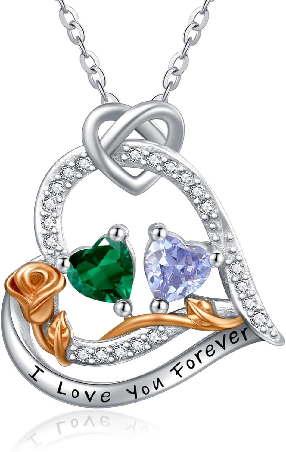  Sterling Silver 2 Birthstones Rose Heart Necklace for Women -05-06-May-Jun