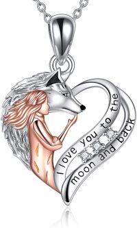 wholesale 925 Sterling Silver Angel & Wolf Heart Pendant Necklaces I love you Gifts for Girls and Women-Wolf and girl heart necklace