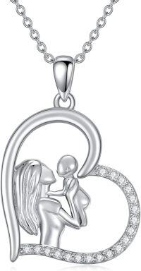 wholesale 925 Sterling Silver Angel & Baby in Heart Pendant Necklace with Cubic Zirconia Stones for Women Girls  43cm Chain Length-02-White-Diamond