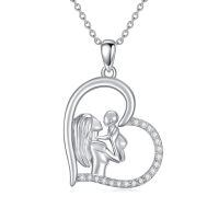 wholesale 925 Sterling Silver Angel & Baby in Heart Pendant Necklace with Cubic Zirconia Stones for Women Girls  43cm Chain Length-02-White-Diamond