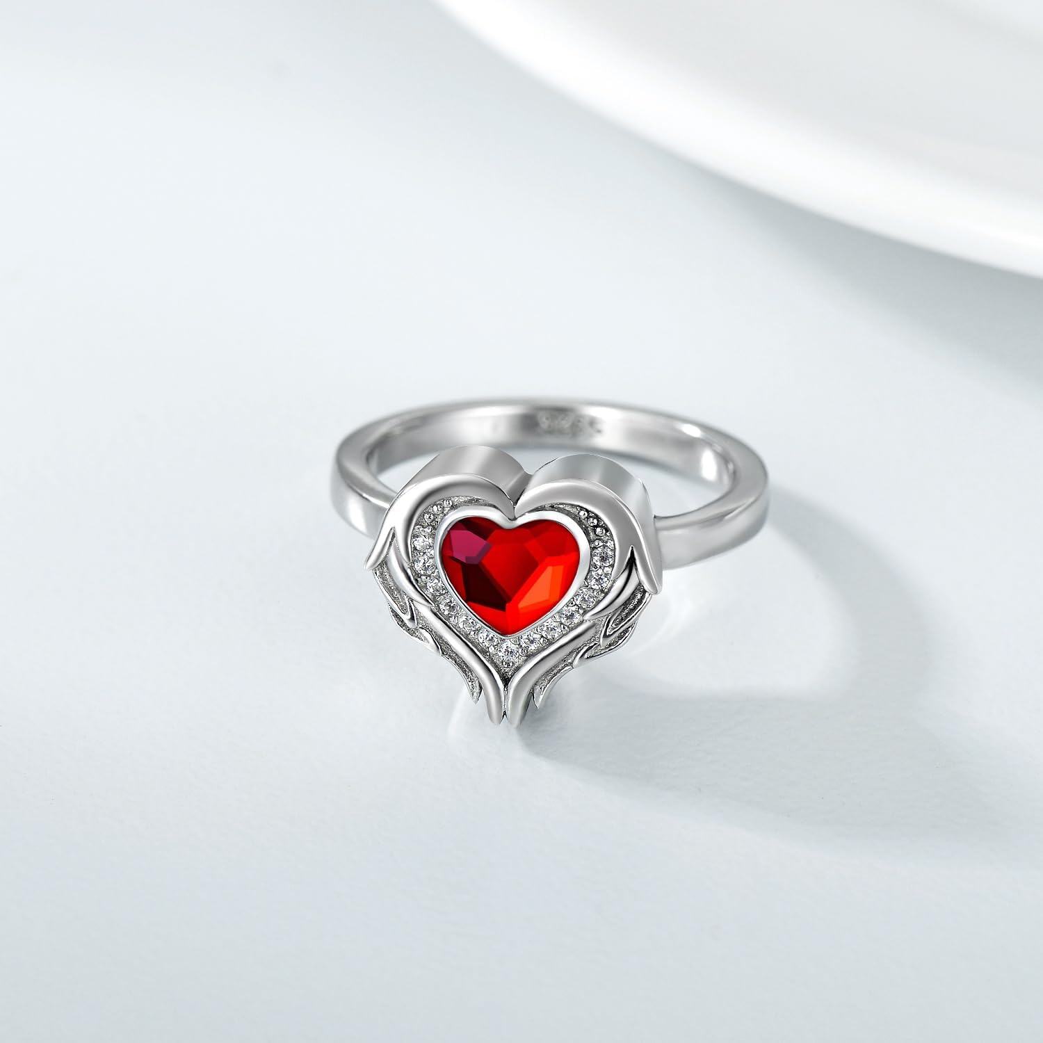 Sterling Silver Austrian Crystal Angel Wings Heart Cremation Ring for Ashes-0-1