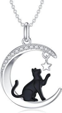wholesale 925 Sterling Silver Cubic Zirconia Black Cat Crescent Moon Star Charm Necklace Pendant for Women-Cat&Star Moon