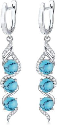 wholesale Sterling Silver 5mm Round Cut Genuine Created Gemstone Leverback 3 Birthstone Dangle Earrings-Turquoise