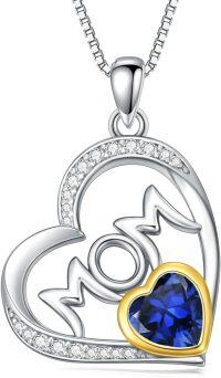 wholesale 925 Sterling Silver Gold Heart Mom Necklace with Synthetic Birthstone Pendant-September - Created Sapphire