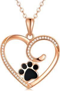 wholesale 14K Gold Black Enamel Dog Cat Paw Print Heart Pendant Necklace 17 Chain-Rose Gold gold