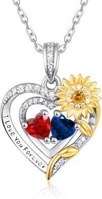 wholesale Sterling Silver 2 Birthstones Sunflower Heart Necklace for Women-01-09-Jan-Sept