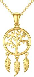 wholesale 14K Gold Tree of Life Dreamcatcher Feather Pendant Necklace for Women-0-0