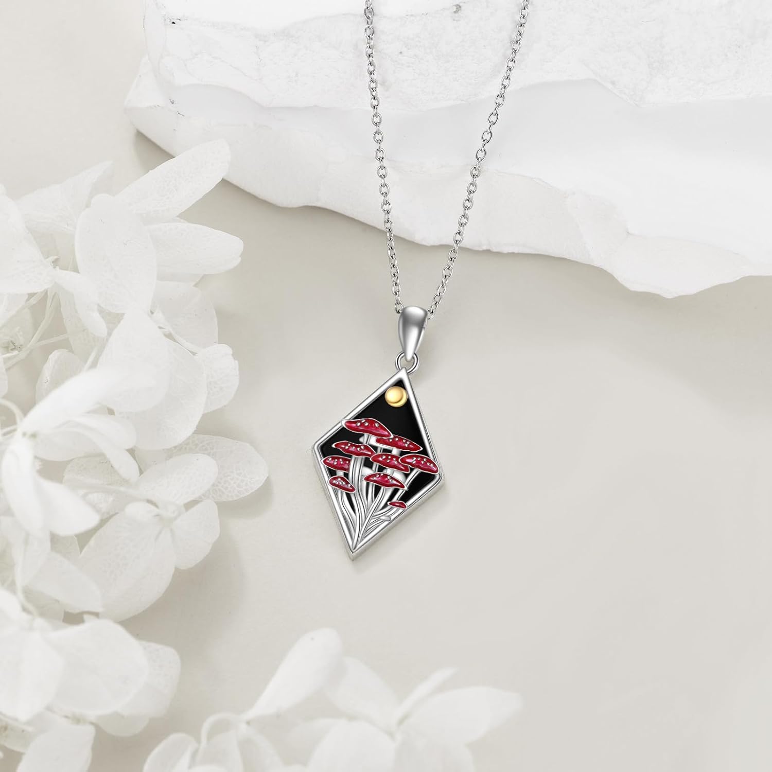 wholesale 925 Sterling Silver Cubic Zirconia-Shaped Red Mushroom Pendant with Gold Accents and Black Enamel Background Necklaces for Women-0-4