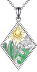 wholesale 925 Sterling Silver Desert Sun Cactus Pendant Necklace with Green Enamel and Gold Accents-0-0