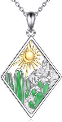 wholesale 925 Sterling Silver Desert Sun Cactus Pendant Necklace with Green Enamel and Gold Accents-Cactus