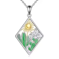 wholesale 925 Sterling Silver Desert Sun Cactus Pendant Necklace with Green Enamel and Gold Accents-Cactus