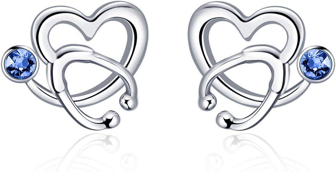 Sterling Silver Austria Crystal Nurse Earrings Stethoscope Studs Graduation Gifts for RN Doctor Medical Student-Simulated Sapphire
