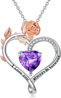 wholesale 925 Sterling Silver Rose Heart Birthstone Necklace for Women Valentine s Day Mother s Day Gift-2-February Birthstone