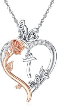 wholesale Sterling Silver Rose Heart Butterfly Initial Necklace for Women Anniversary Mother s Day Birthday Gift for Her Wife Girlfriend Mom-T Initial