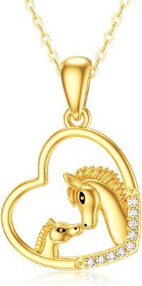 wholesale 14K Gold Heart-Shaped Mother and Baby Horse Pendant Necklace for Women - 20 Chain Length-Horse