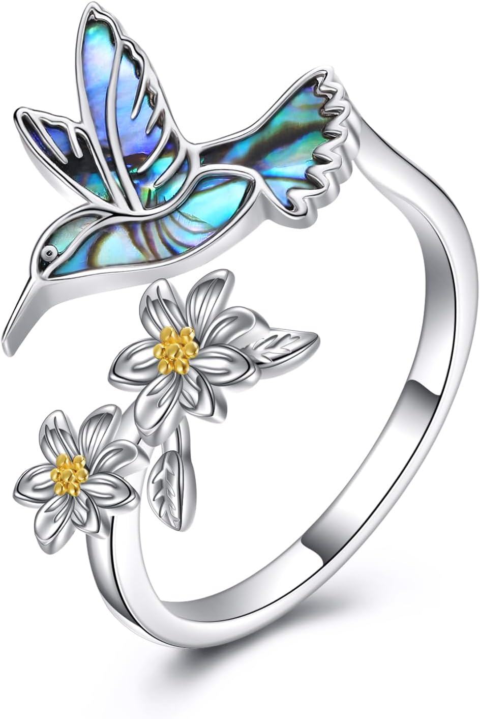925 Sterling Silver Abalone Shell Hummingbird & Flowers Adjustable Open Ring for Women Girls Gifts Jewelry Accessories-0-0