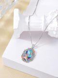 wholesale 925 Sterling Silver Blue Abalone Shell Alice in Wonderland Cat Pendant Necklace with Red Rose and Mushroom Elements - Gifts for Her-0-2