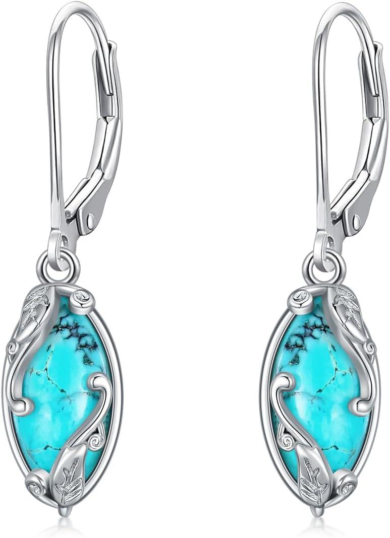Sterling Silver Green Turquoise Marquise Leaf Leverback Dangle Earrings-0-0