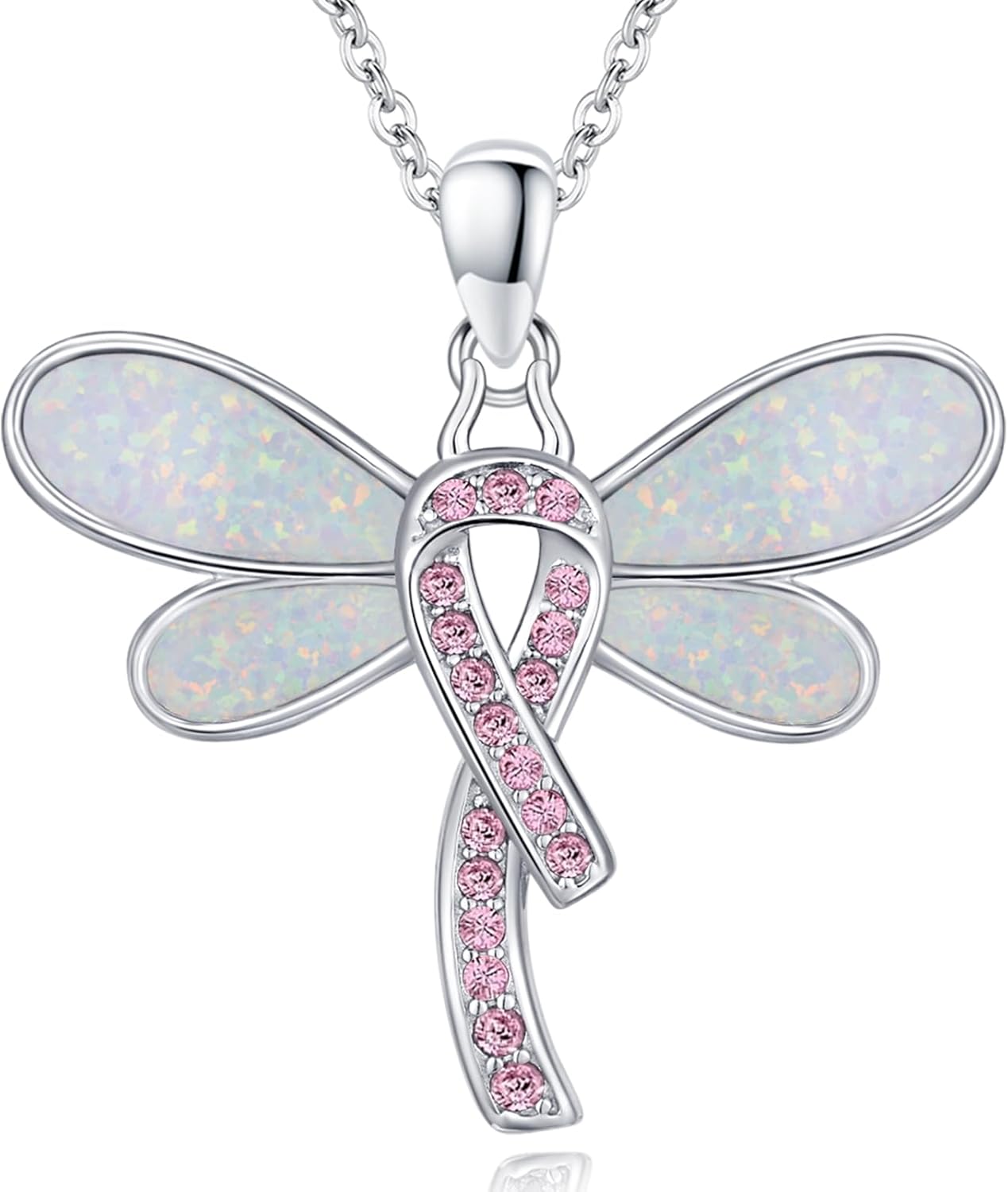 Sterling Silver Stone Breast Cancer Awareness Necklace Cross Dragonfly Pendant for Survivors-0-0