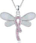 wholesale 925 Sterling Silver Pink Opal Ribbon Dragonfly Breast Cancer Awareness Survivor Necklace-0-0