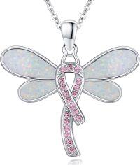 wholesale 925 Sterling Silver Pink Opal Ribbon Dragonfly Breast Cancer Awareness Survivor Necklace-Dragonfly