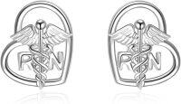 wholesale 925 Sterling Silver Heart-Shaped Caduceus RN Symbol Stud Earrings for Nurses Gifts-Caduceus RN