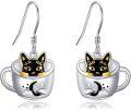 wholesale 925 Sterling Silver Black Cat in Cup with Crescent Moon Dangle Drop Earrings for Cat Lovers-0-0