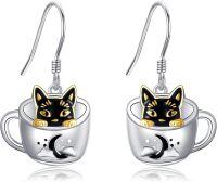 wholesale 925 Sterling Silver Black Cat in Cup with Crescent Moon Dangle Drop Earrings for Cat Lovers-Teacup Cat Dangle Earring
