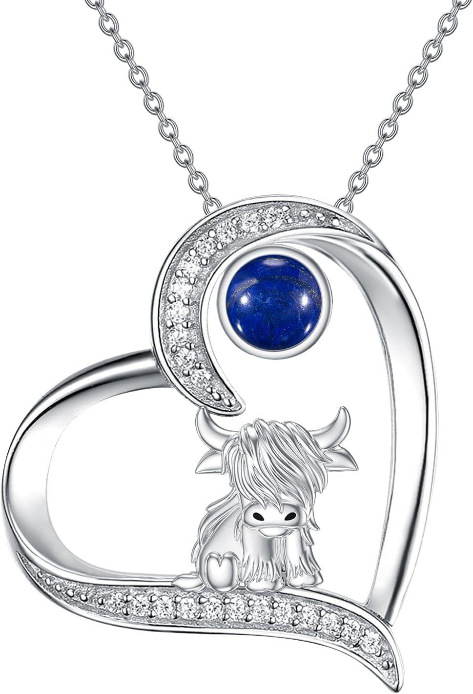 Sterling Silver Highland Cow Birthstone Necklace Jewelry Gifts for Women Girls-3-9-Lapis Lazuli-3-9-Lapis Lazuli