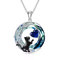 TOUPOP Sterling Silver Sapphire Moon Cat Pendant Necklace-undefined
