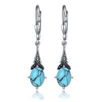 wholesale 925 Sterling Silver Blue Topaz Oval Cut Vintage Style Leverback Earrings-Created Turquoise