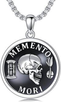 wholesale Sterling Silver Gothic Skull Memento Mori Pendant Necklace 22+2 Inch Chain Stoicism Jewelry Gift for Men Women-Memento Mori-1-Obsidian