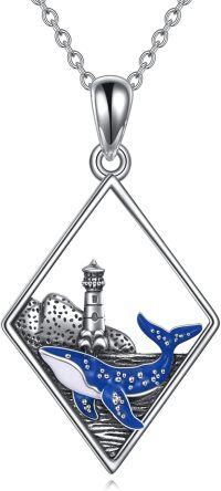 wholesale 925 Sterling Silver Blue Enamel Whale Pendant with Cubic Zirconia Cut Edge and Lighthouse Design - Ocean Inspired  for Her-Whale necklace