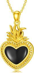 wholesale 925 Sterling Silver Black Onyx Sacred Heart Pendant with Flames - Christian s for Women-0-0