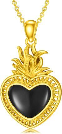 wholesale 925 Sterling Silver Black Onyx Sacred Heart Pendant with Flames - Christian s for Women-Black